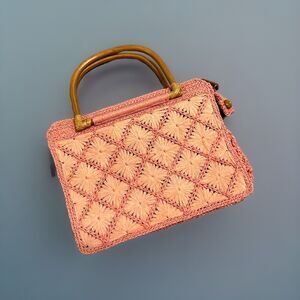 VTG Y2K Fossil Straw Pink Raffia Woven Wicker Bag Purse Bamboo Handles